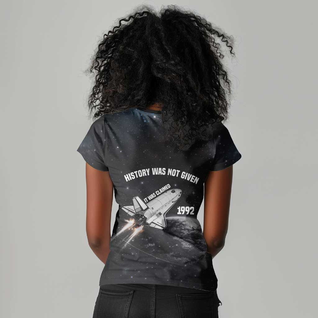 Mae Jemison Women V-Neck T-Shirt with NASA Spacesuit Portrait, First Black Woman - African Pride