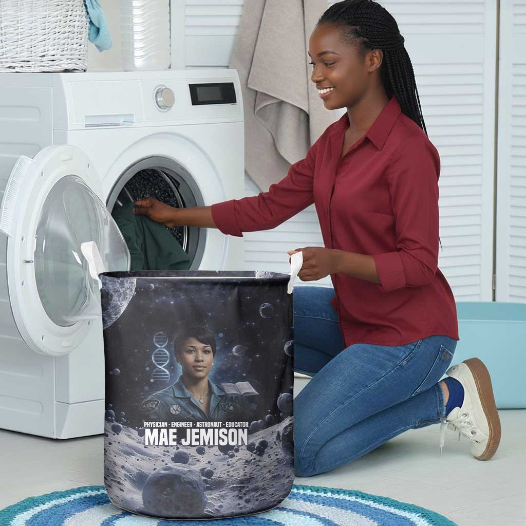 Mae Jemison Laundry Basket with Space Portrait Design, Science Has No Boundaries Quote and DNA Book Elements - African Pride