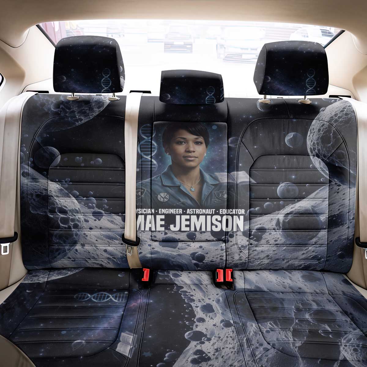 Mae Jemison Back Car Seat Cover with Space Portrait Design, Science Has No Boundaries Quote and DNA Book Elements - African Pride