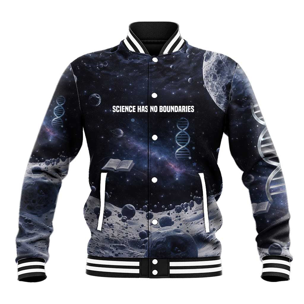 Mae Jemison Baseball Jacket with Space Portrait Design, Science Has No Boundaries Quote and DNA Book Elements - African Pride