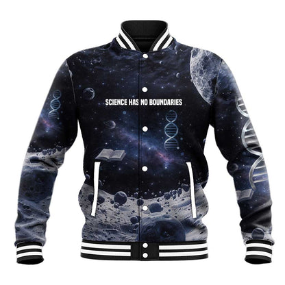 Mae Jemison Baseball Jacket with Space Portrait Design, Science Has No Boundaries Quote and DNA Book Elements - African Pride
