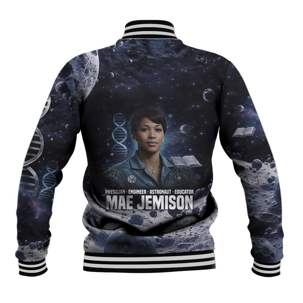 Mae Jemison Baseball Jacket with Space Portrait Design, Science Has No Boundaries Quote and DNA Book Elements - African Pride