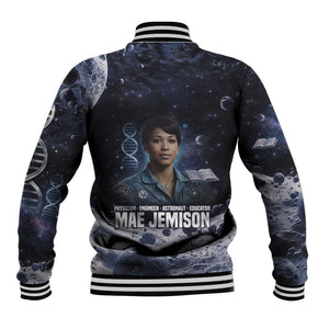 Mae Jemison Baseball Jacket with Space Portrait Design, Science Has No Boundaries Quote and DNA Book Elements - African Pride