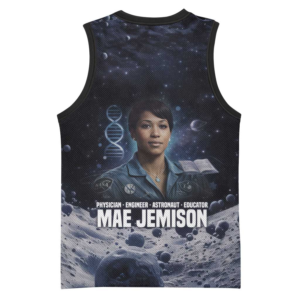 Mae Jemison Basketball Jersey with Space Portrait Design, Science Has No Boundaries Quote and DNA Book Elements - African Pride