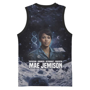 Mae Jemison Basketball Jersey with Space Portrait Design, Science Has No Boundaries Quote and DNA Book Elements - African Pride
