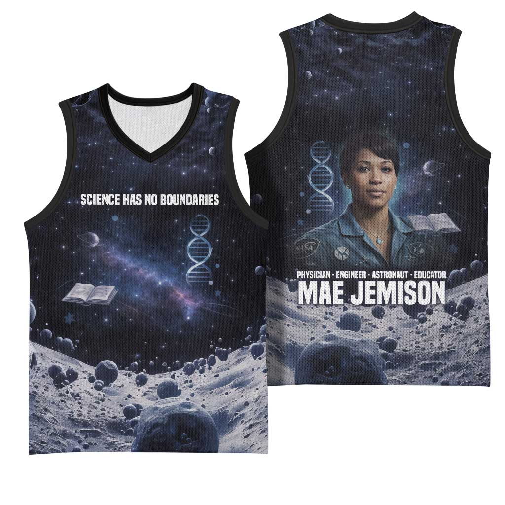 Mae Jemison Basketball Jersey with Space Portrait Design, Science Has No Boundaries Quote and DNA Book Elements - African Pride