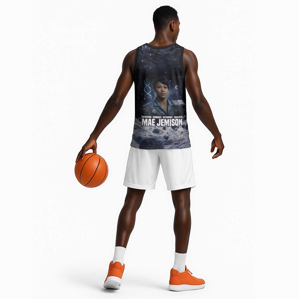 Mae Jemison Basketball Jersey with Space Portrait Design, Science Has No Boundaries Quote and DNA Book Elements - African Pride