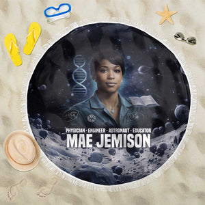 Mae Jemison Beach Blanket with Space Portrait Design, Science Has No Boundaries Quote and DNA Book Elements - African Pride