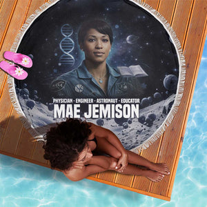 Mae Jemison Beach Blanket with Space Portrait Design, Science Has No Boundaries Quote and DNA Book Elements - African Pride