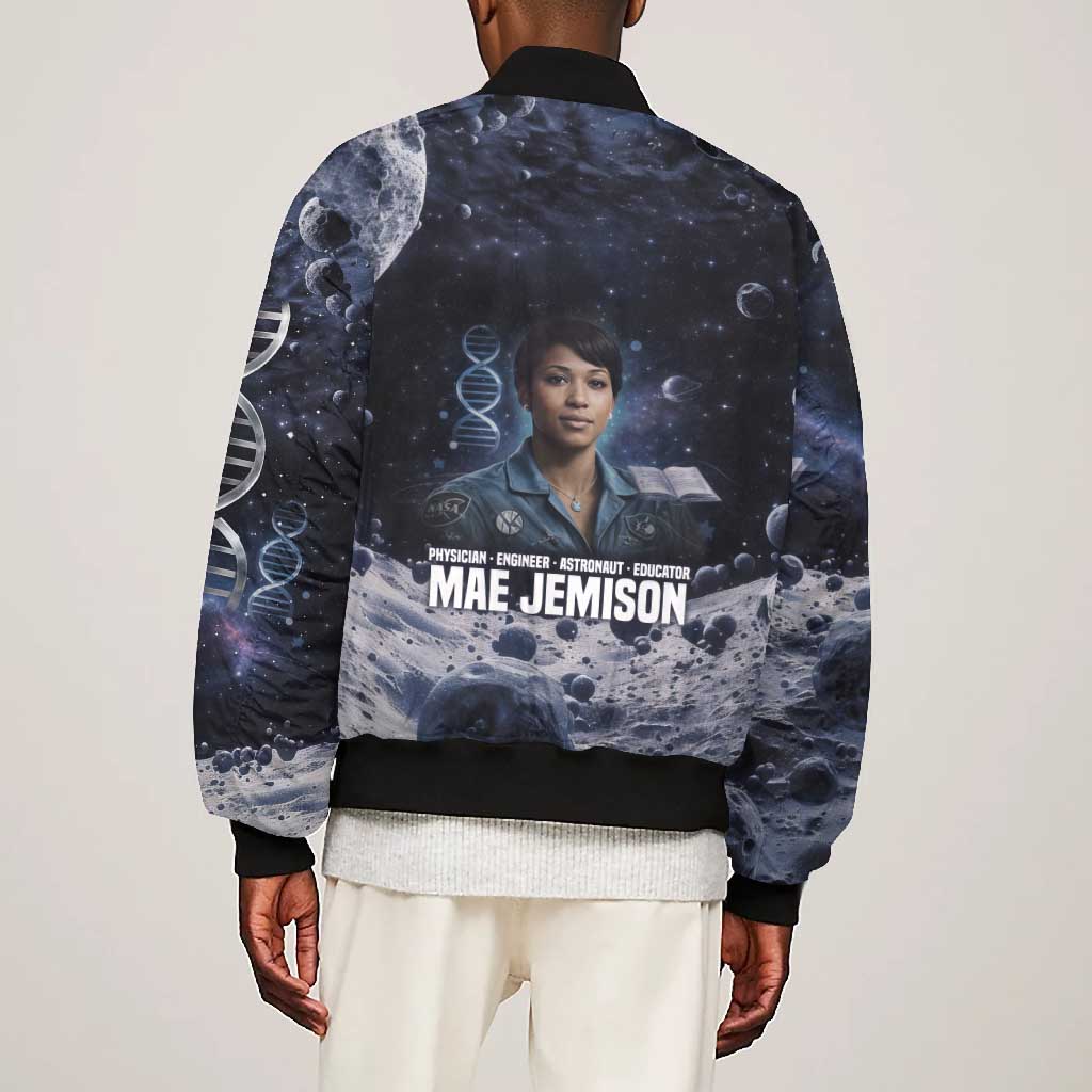 Mae Jemison Bomber Jacket with Space Portrait Design, Science Has No Boundaries Quote and DNA Book Elements - African Pride
