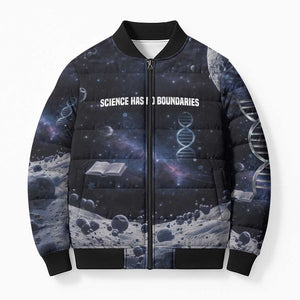 Mae Jemison Bomber Puffer Jacket with Space Portrait Design, Science Has No Boundaries Quote and DNA Book Elements - African Pride