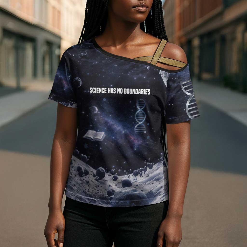 Mae Jemison Cross Shoulder Shirt with Space Portrait Design, Science Has No Boundaries Quote and DNA Book Elements - African Pride