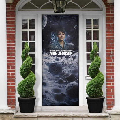 Mae Jemison Door Cover with Space Portrait Design, Science Has No Boundaries Quote and DNA Book Elements - African Pride