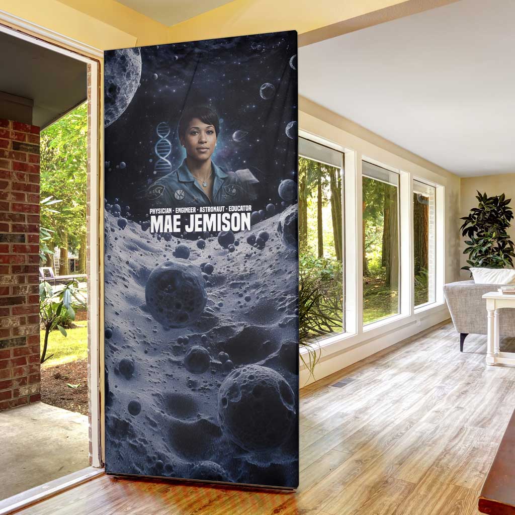 Mae Jemison Door Cover with Space Portrait Design, Science Has No Boundaries Quote and DNA Book Elements - African Pride