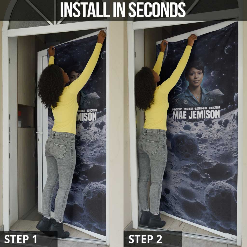 Mae Jemison Door Cover with Space Portrait Design, Science Has No Boundaries Quote and DNA Book Elements - African Pride