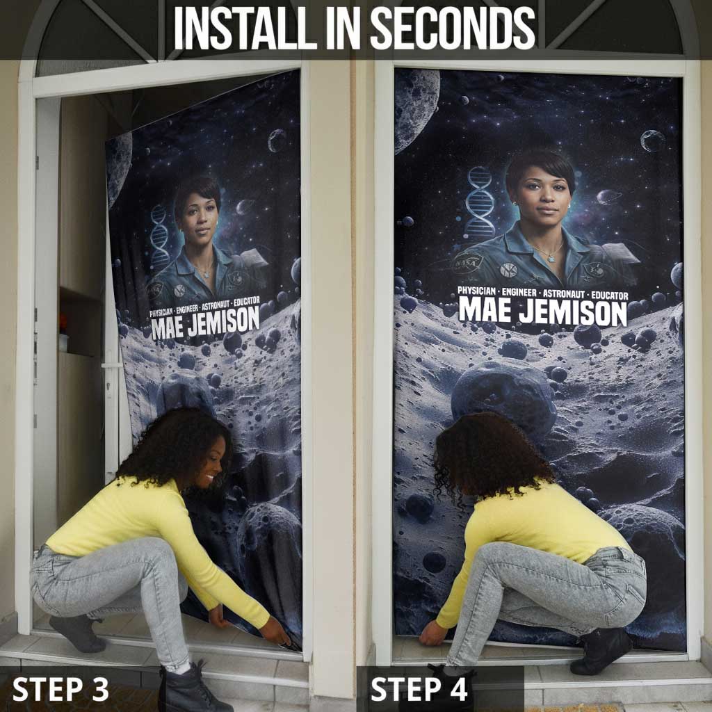 Mae Jemison Door Cover with Space Portrait Design, Science Has No Boundaries Quote and DNA Book Elements - African Pride