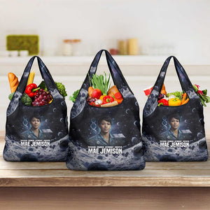 Mae Jemison Grocery Bag with Space Portrait Design, Science Has No Boundaries Quote and DNA Book Elements - African Pride
