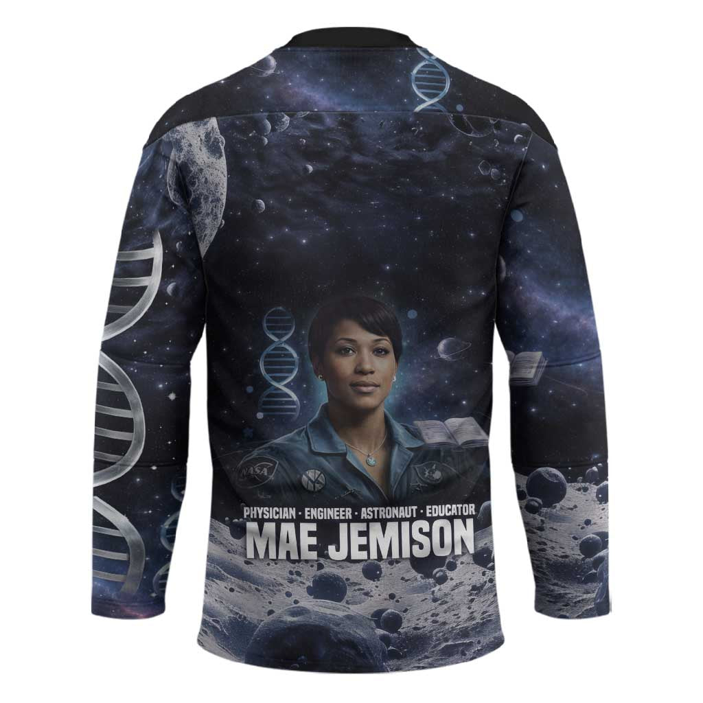 Mae Jemison Hockey Jersey with Space Portrait Design, Science Has No Boundaries Quote and DNA Book Elements - African Pride