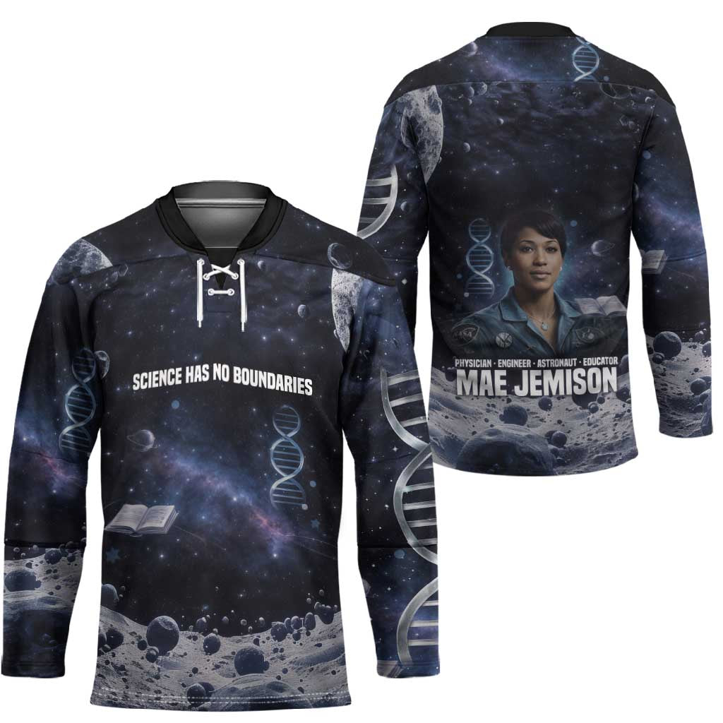 Mae Jemison Hockey Jersey with Space Portrait Design, Science Has No Boundaries Quote and DNA Book Elements - African Pride