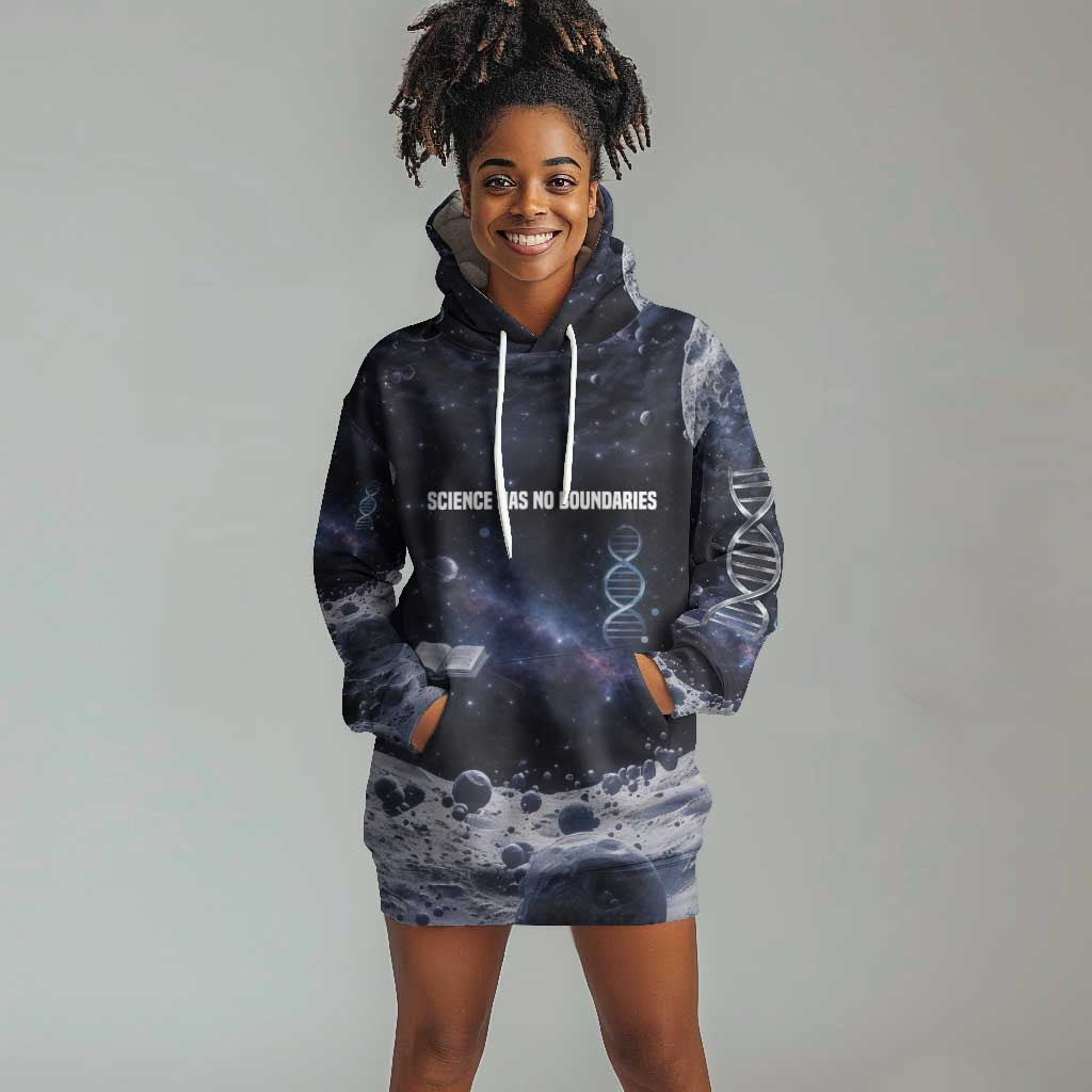 Mae Jemison Hoodie Dress with Space Portrait Design, Science Has No Boundaries Quote and DNA Book Elements - African Pride