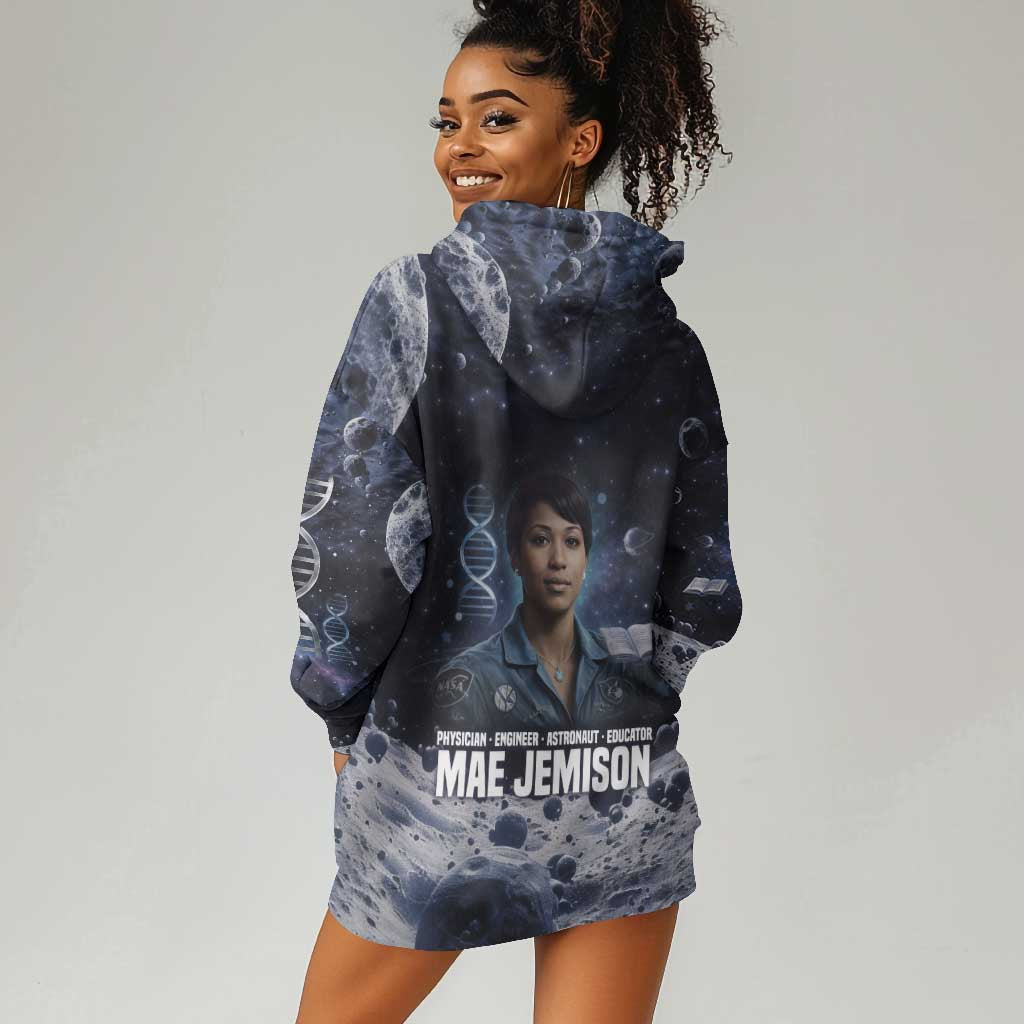 Mae Jemison Hoodie Dress with Space Portrait Design, Science Has No Boundaries Quote and DNA Book Elements - African Pride