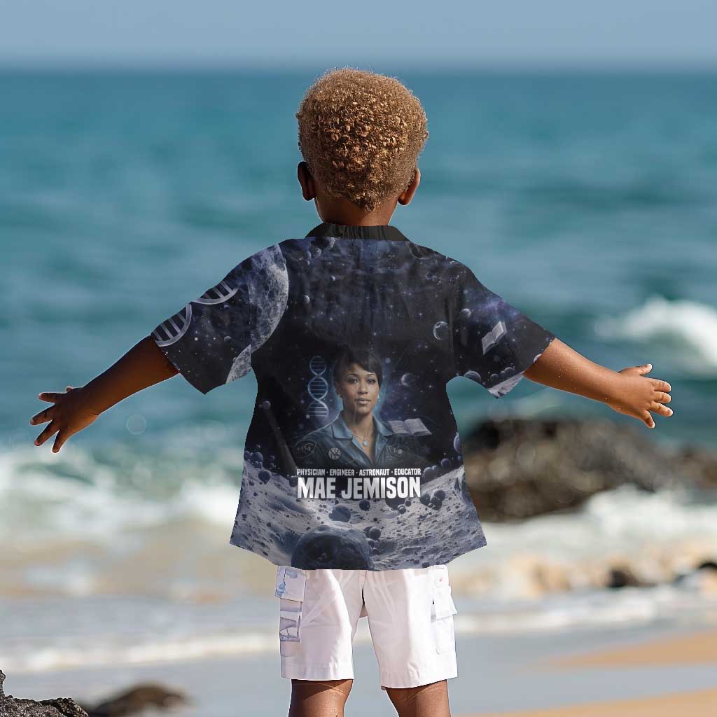 Mae Jemison Kid Hawaiian Shirt with Space Portrait Design, Science Has No Boundaries Quote and DNA Book Elements - African Pride