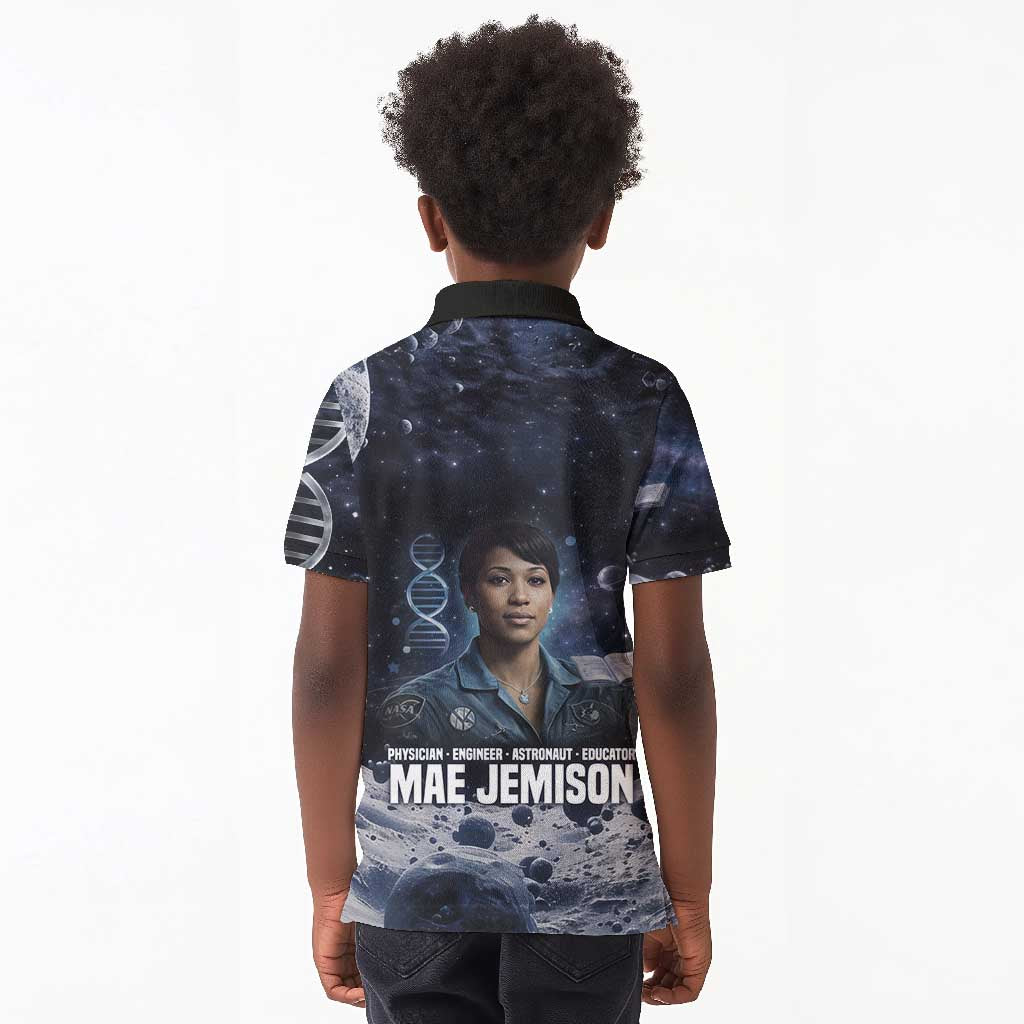 Mae Jemison Kid Polo Shirt with Space Portrait Design, Science Has No Boundaries Quote and DNA Book Elements - African Pride