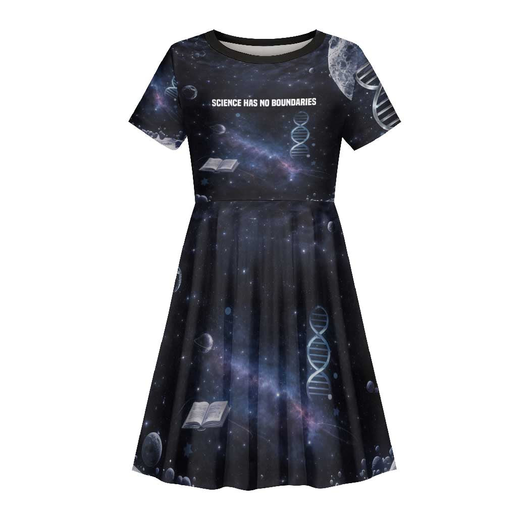 Mae Jemison Kid Short Sleeve Dress with Space Portrait Design, Science Has No Boundaries Quote and DNA Book Elements - African Pride