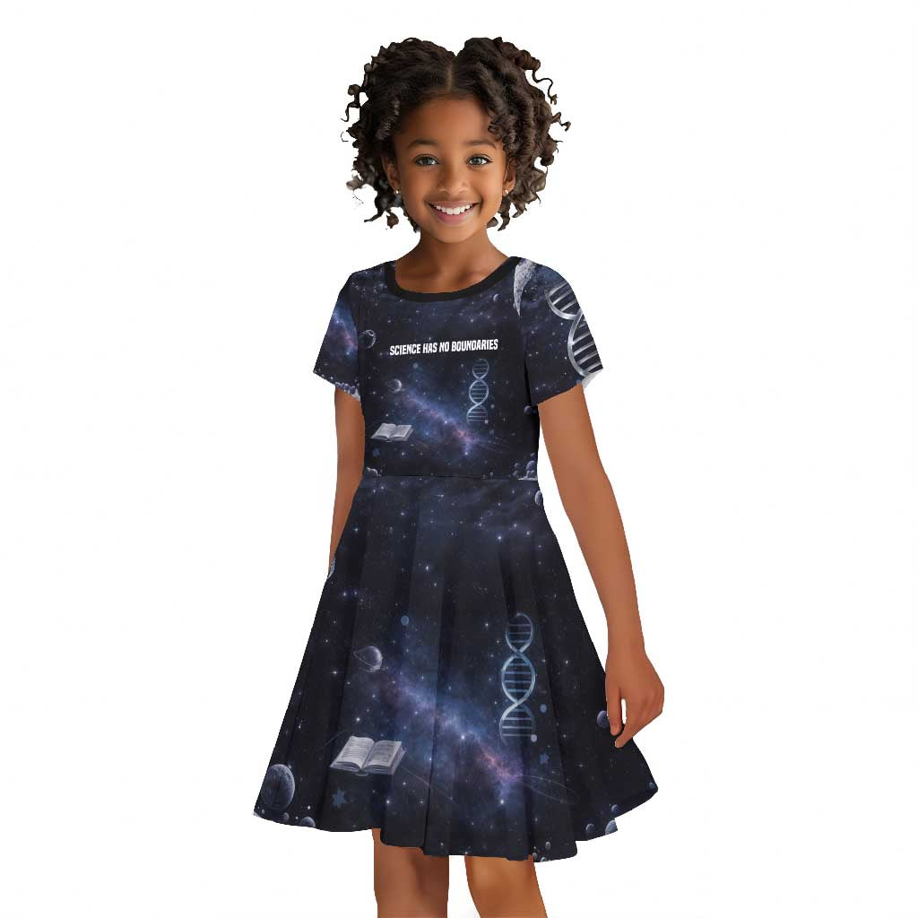 Mae Jemison Kid Short Sleeve Dress with Space Portrait Design, Science Has No Boundaries Quote and DNA Book Elements - African Pride