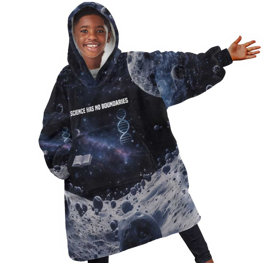 Mae Jemison Kid Wearable Blanket Hoodie with Space Portrait Design, Science Has No Boundaries Quote and DNA Book Elements - African Pride