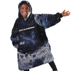 Mae Jemison Kid Wearable Blanket Hoodie with Space Portrait Design, Science Has No Boundaries Quote and DNA Book Elements - African Pride