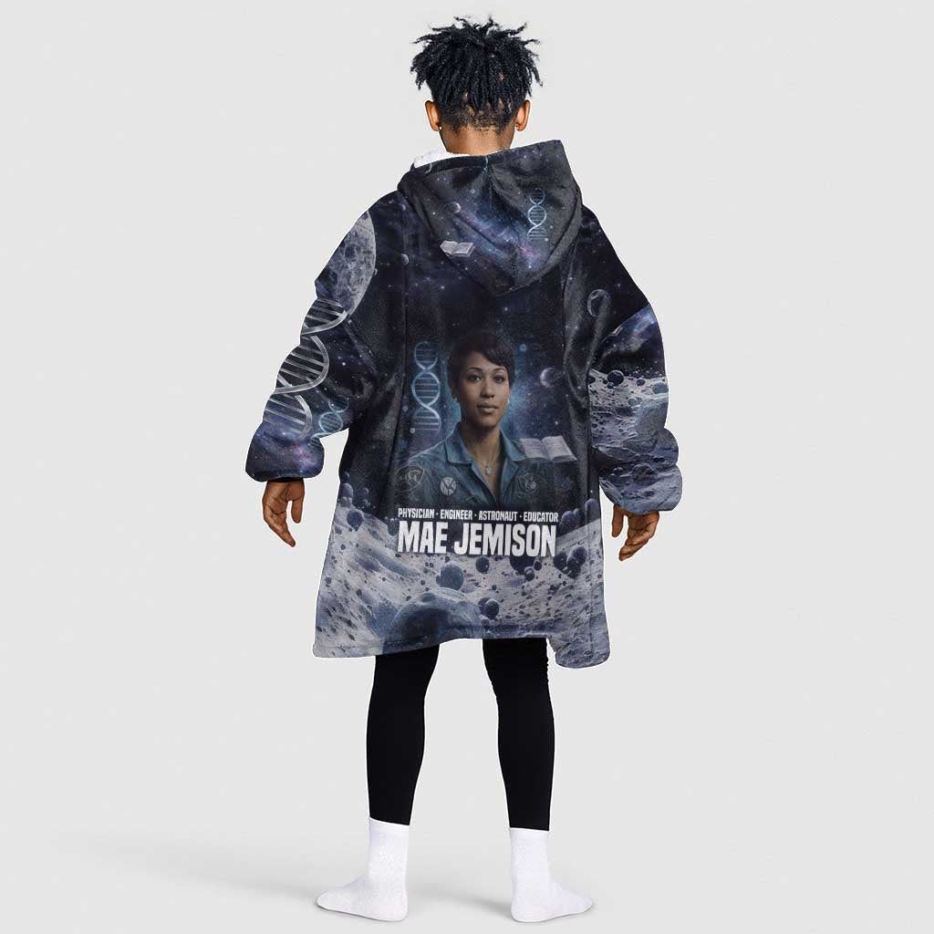 Mae Jemison Kid Wearable Blanket Hoodie with Space Portrait Design, Science Has No Boundaries Quote and DNA Book Elements - African Pride