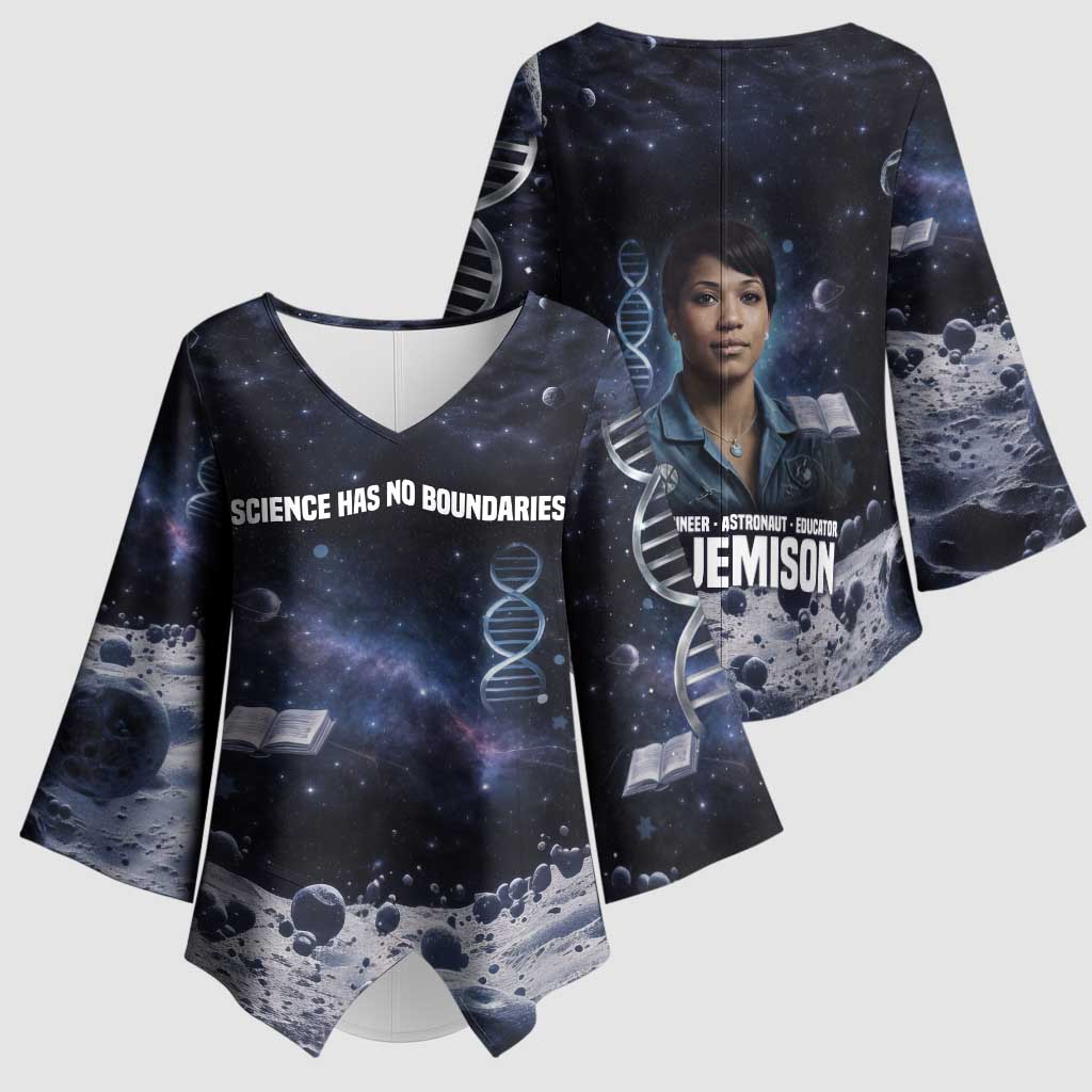 Mae Jemison Kimono Sleeve Blouse with Space Portrait Design, Science Has No Boundaries Quote and DNA Book Elements - African Pride