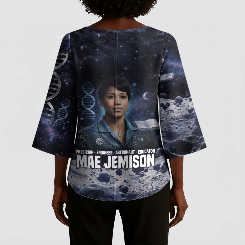 Mae Jemison Kimono Sleeve Blouse with Space Portrait Design, Science Has No Boundaries Quote and DNA Book Elements - African Pride