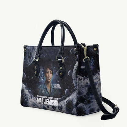 Mae Jemison Leather Bag with Space Portrait Design, Science Has No Boundaries Quote and DNA Book Elements - African Pride