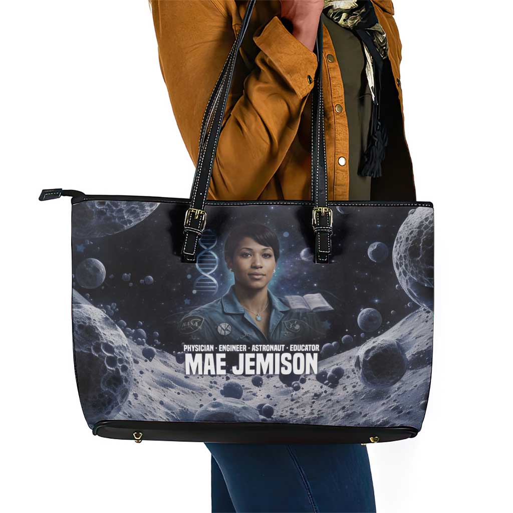 Mae Jemison Leather Tote Bag with Space Portrait Design, Science Has No Boundaries Quote and DNA Book Elements - African Pride