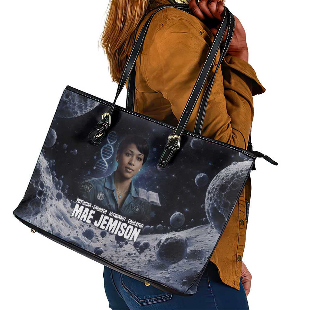 Mae Jemison Leather Tote Bag with Space Portrait Design, Science Has No Boundaries Quote and DNA Book Elements - African Pride
