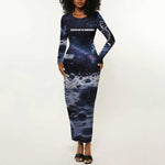 Mae Jemison Long Sleeve Bodycon Dress with Space Portrait Design, Science Has No Boundaries Quote and DNA Book Elements - African Pride