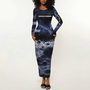 Mae Jemison Long Sleeve Bodycon Dress with Space Portrait Design, Science Has No Boundaries Quote and DNA Book Elements - African Pride