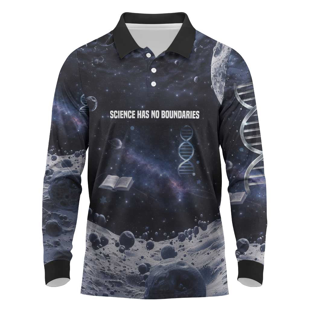 Mae Jemison Long Sleeve Polo Shirt with Space Portrait Design, Science Has No Boundaries Quote and DNA Book Elements - African Pride