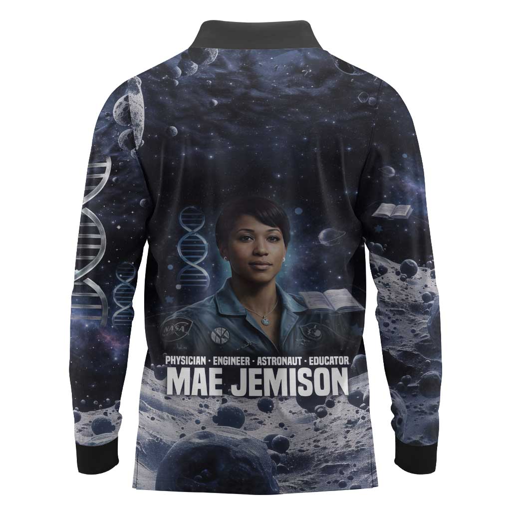 Mae Jemison Long Sleeve Polo Shirt with Space Portrait Design, Science Has No Boundaries Quote and DNA Book Elements - African Pride