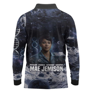 Mae Jemison Long Sleeve Polo Shirt with Space Portrait Design, Science Has No Boundaries Quote and DNA Book Elements - African Pride