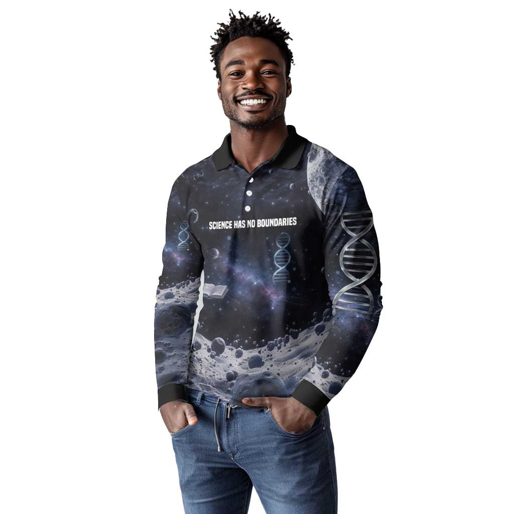 Mae Jemison Long Sleeve Polo Shirt with Space Portrait Design, Science Has No Boundaries Quote and DNA Book Elements - African Pride