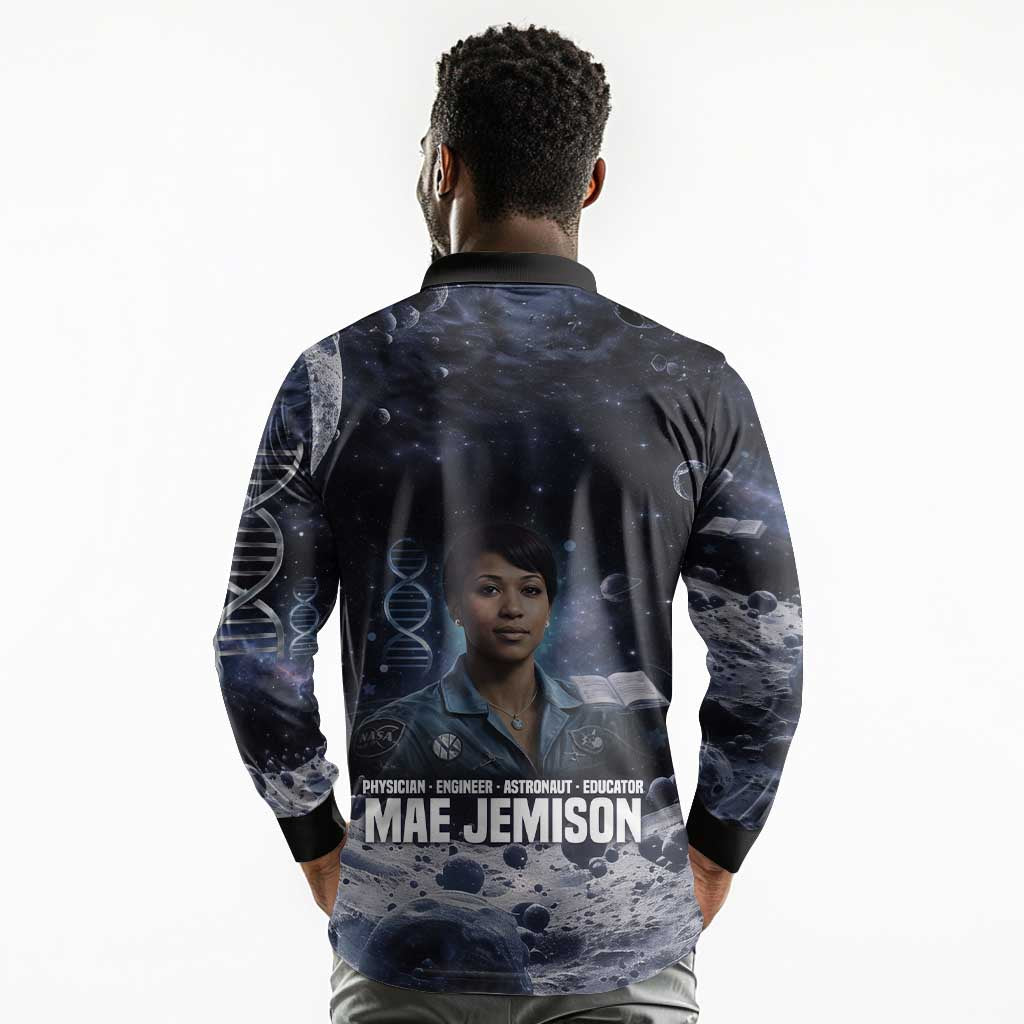 Mae Jemison Long Sleeve Polo Shirt with Space Portrait Design, Science Has No Boundaries Quote and DNA Book Elements - African Pride