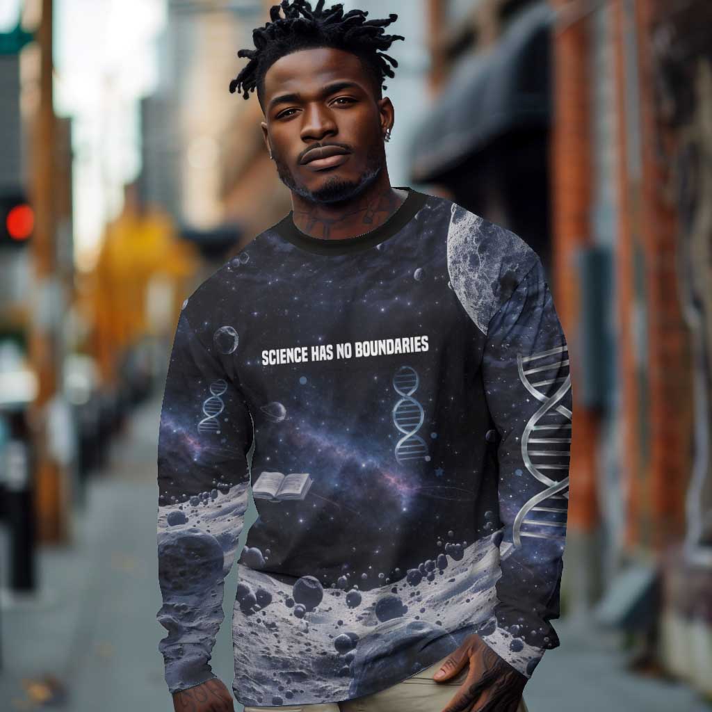 Mae Jemison Long Sleeve Shirt with Space Portrait Design, Science Has No Boundaries Quote and DNA Book Elements - African Pride