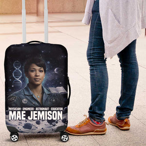 Mae Jemison Luggage Cover with Space Portrait Design, Science Has No Boundaries Quote and DNA Book Elements - African Pride