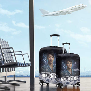 Mae Jemison Luggage Cover with Space Portrait Design, Science Has No Boundaries Quote and DNA Book Elements - African Pride