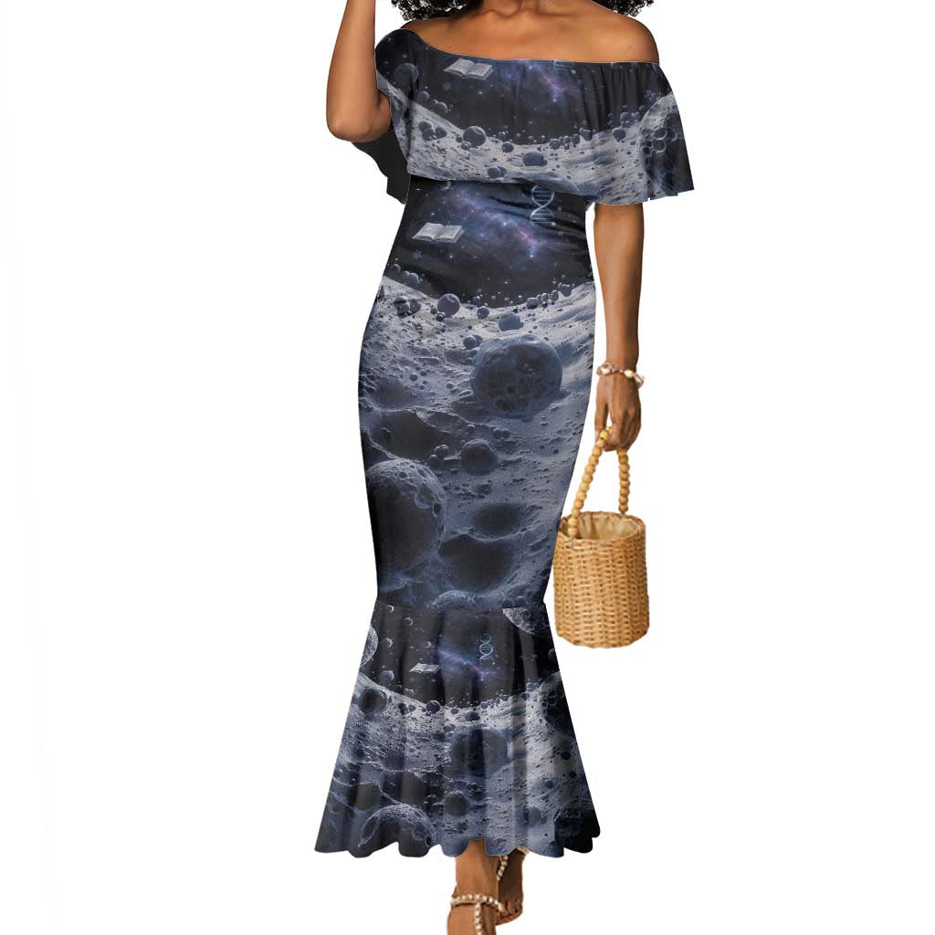 Mae Jemison Mermaid Dress with Space Portrait Design, Science Has No Boundaries Quote and DNA Book Elements - African Pride