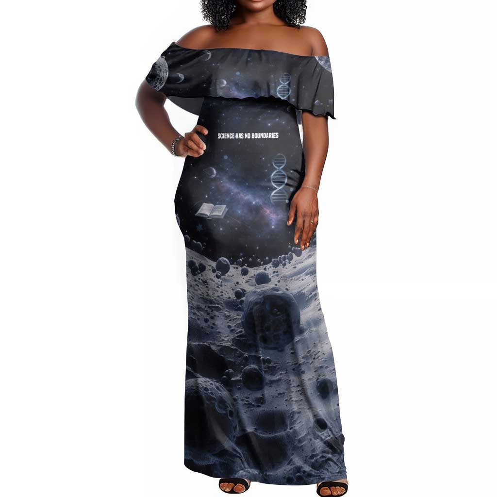 Mae Jemison Off Shoulder Maxi Dress with Space Portrait Design, Science Has No Boundaries Quote and DNA Book Elements - African Pride