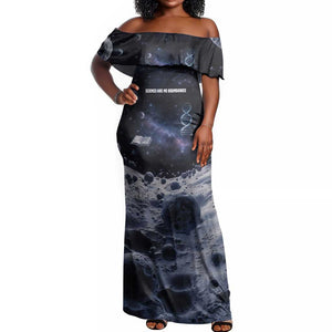 Mae Jemison Off Shoulder Maxi Dress with Space Portrait Design, Science Has No Boundaries Quote and DNA Book Elements - African Pride